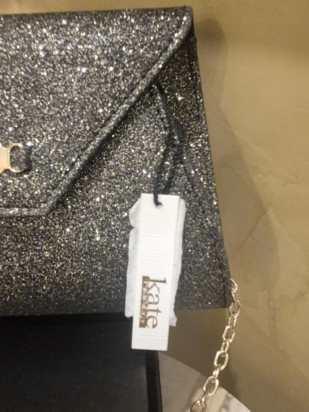 kate spade Black Glitter Envelope Clutch with Gold Chain